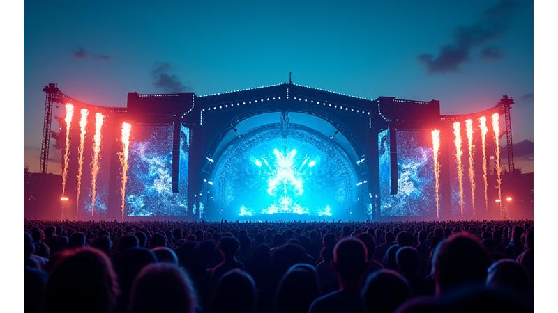 Dynamic view of a modern music festival stage at twilight with advanced lighting technology, representing Pendulum Pulse's innovative approach in Nashville.