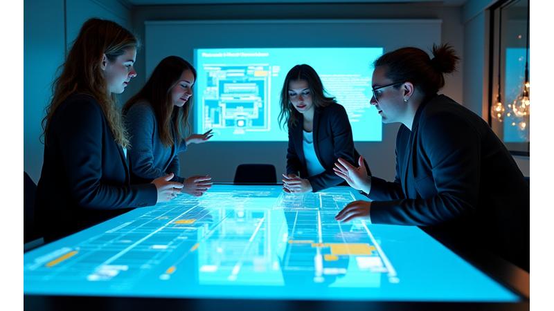 Pendulum Pulse team members in a dynamic collaborative meeting, brainstorming with digital projections of festival plans.