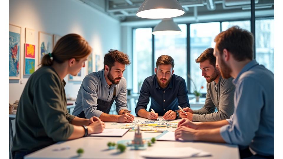 A diverse group of artists from different disciplines collaborating in a bright, modern studio space, discussing designs and concepts.