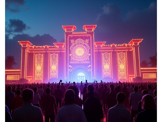 A festival logo subtly integrated into a captivating art installation, surrounded by excited attendees, reinforcing brand recognition.