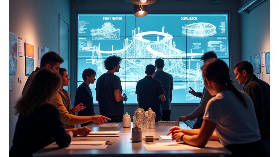 Artists, designers, and engineers collaborating around a large digital display showing 3D models and conceptual sketches of a festival art installation.