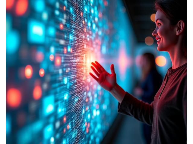 A vibrant interactive digital art installation responding to audience movement with swirling lights and colors.