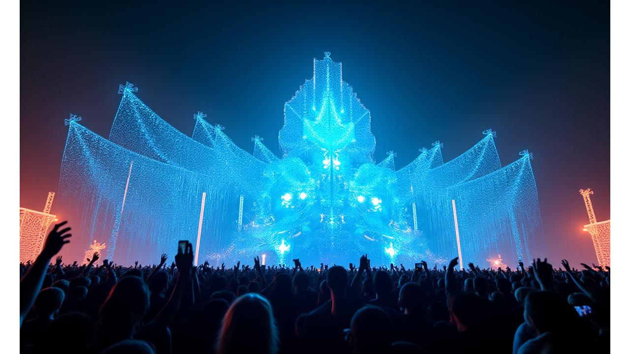 A grand-scale, illuminated art installation at a music festival, featuring intricate geometric patterns and a vibrant glow, with festival-goers interacting and taking photos.