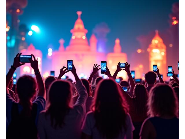 A group of excited festival-goers posing in front of a brightly lit, fantastical art installation, holding up their phones to capture the moment.