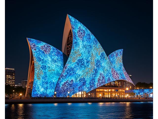 An intricate projection mapping artwork transforming the facade of a historical building with dazzling patterns and animations at night.