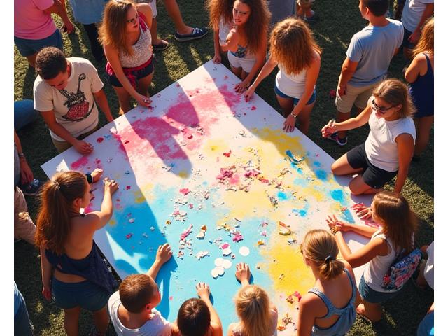 Festival-goers actively contributing to a large-scale, collaborative art piece, adding colorful elements and leaving their mark.