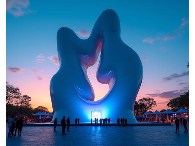 A monumental, abstract sculpture bathed in dynamic lighting, standing tall at a festival entrance, inviting exploration.