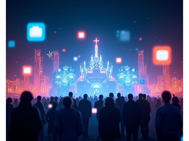 A dynamic graphic depicting social media engagement metrics like likes, shares, and comments overlaid on an image of a popular art installation at a festival.
