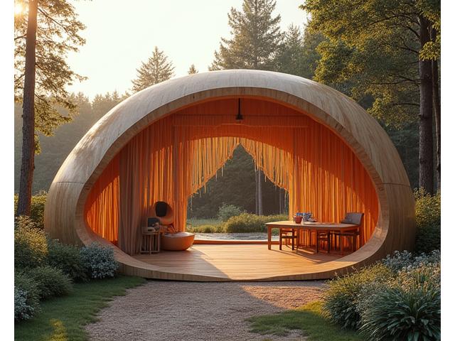 An eco-friendly art installation made from reclaimed wood and natural fibers, subtly illuminated, blending harmoniously with a natural outdoor setting.