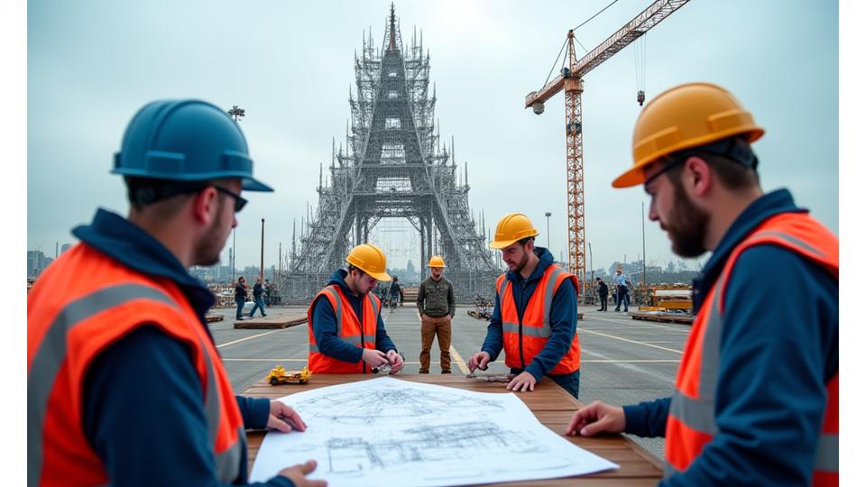 Engineers and technicians in hard hats and safety vests meticulously assembling a large, complex art installation structure at a festival site.