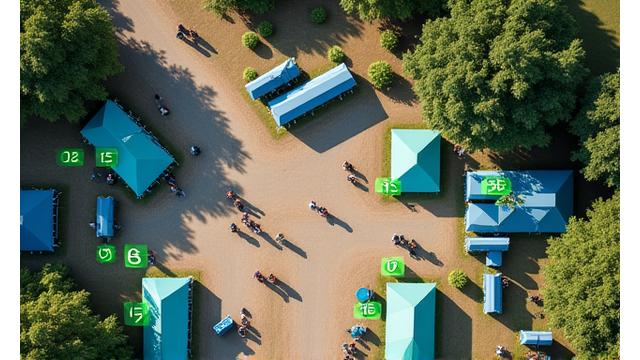 An aerial view of a meticulously managed festival site with clean pathways and efficient resource allocation.