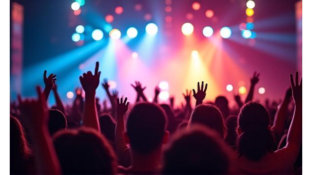 A vibrant festival crowd enjoying a performance with data overlays indicating increased engagement.