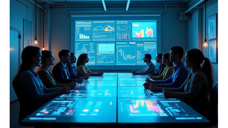 A dynamic, holographic projection of festival data analytics above a modern conference table, symbolizing a technology platform demonstration and consultation.