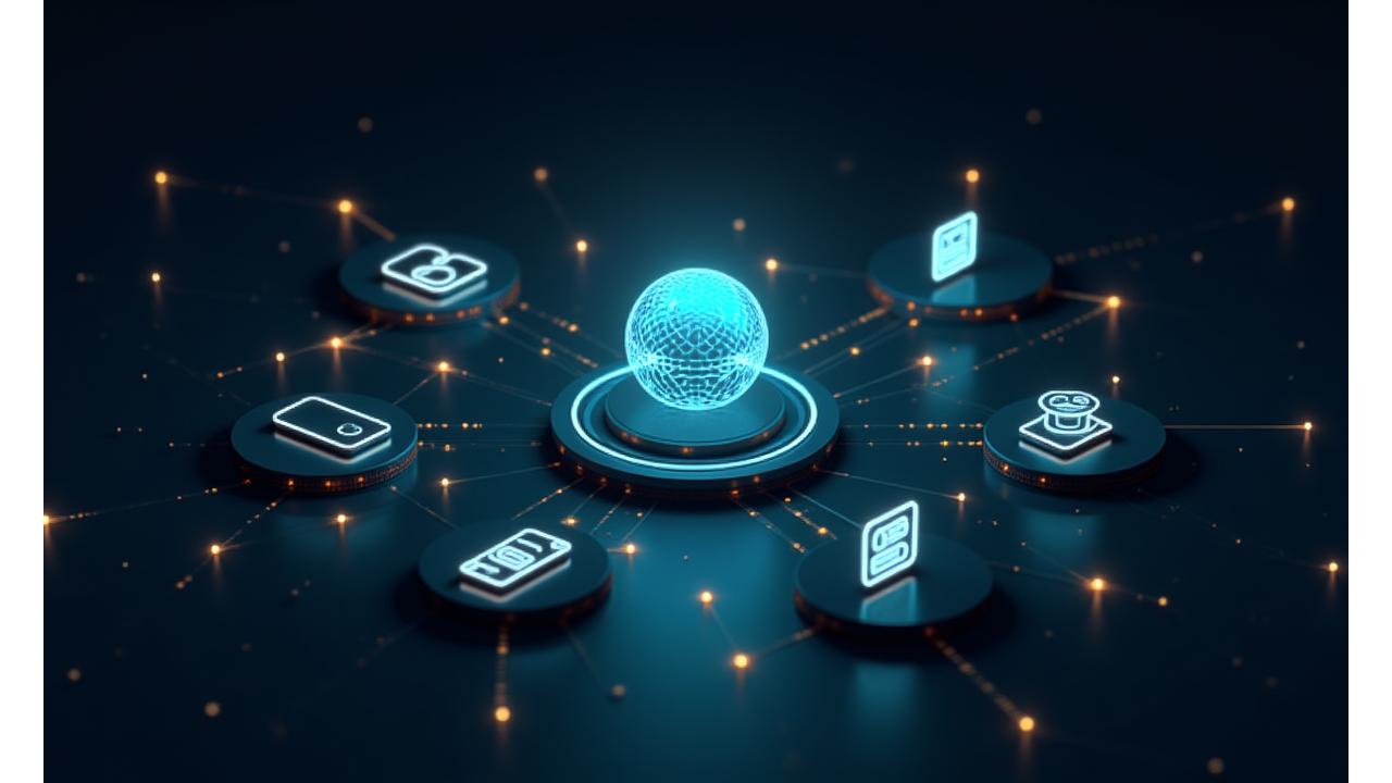 Interconnected network diagram showing various festival systems (ticketing, POS, mobile apps, social media) seamlessly integrating with a central data analytics platform.