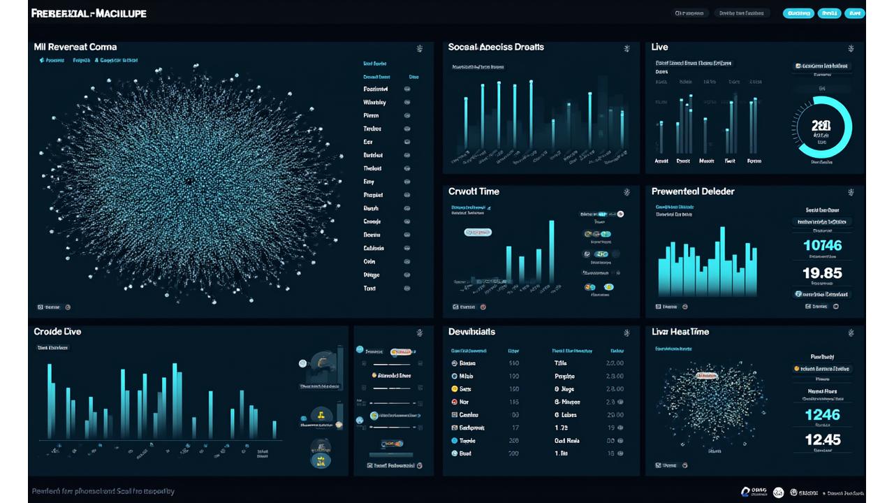Detailed real-time festival dashboard displaying heat maps of crowd density, live sales figures, social media sentiment, and incident reports.