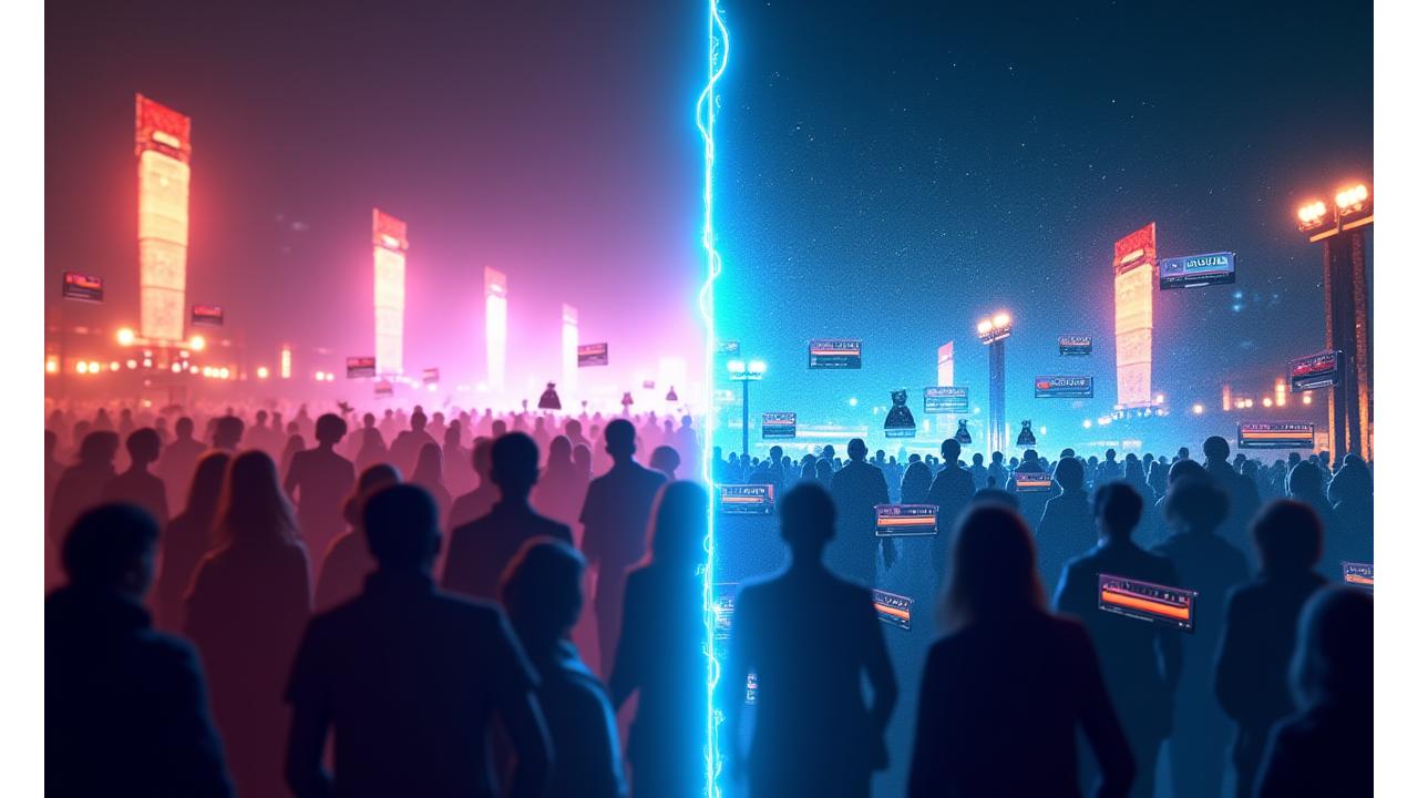 Split-screen showing a lively physical music festival crowd on one side and a sophisticated virtual festival interface with avatars dancing on the other, seamlessly blended.