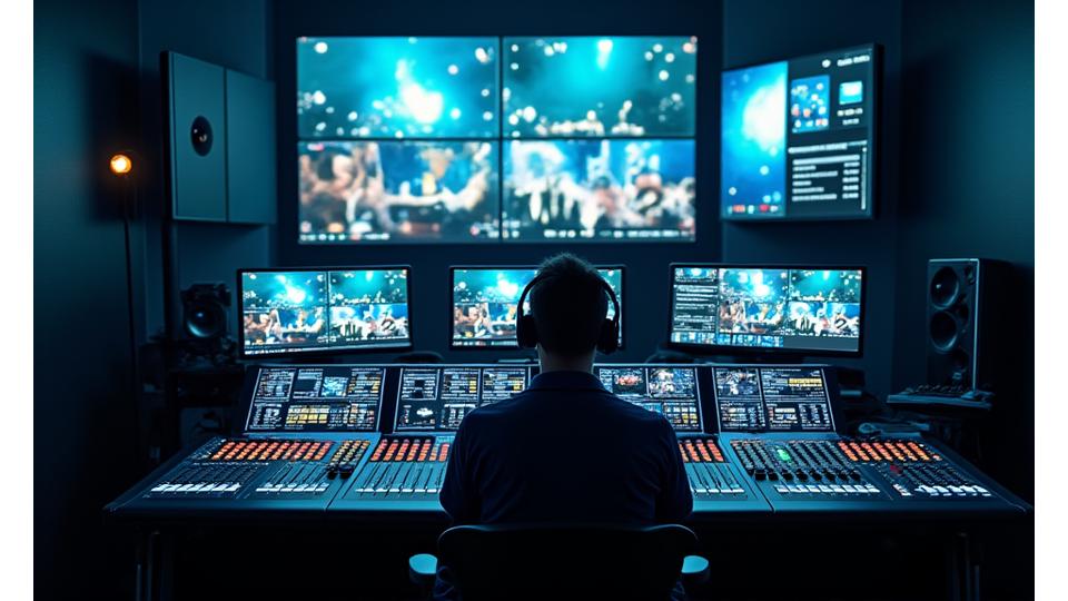 Multi-camera live production setup with professional broadcast mixer, showing various screens with festival footage and real-time interactive elements.