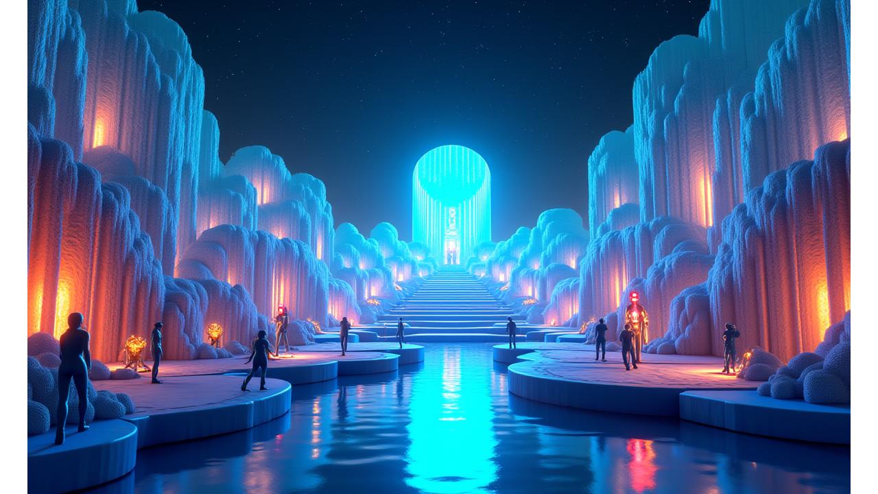 3D render of a futuristic virtual festival environment with multiple stages, glowing art installations, and avatars interacting, a vibrant digital landscape.