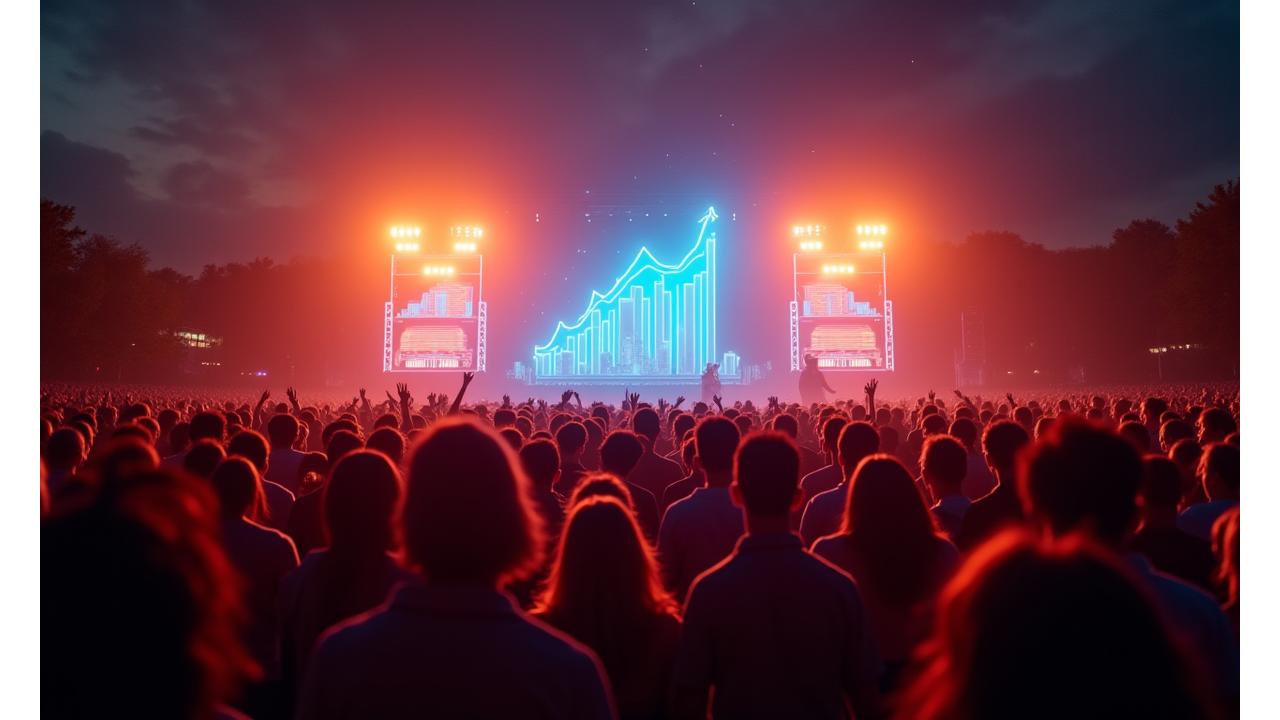 Vibrant, dynamic festival crowd enjoying a performance with data overlay showing growth metrics