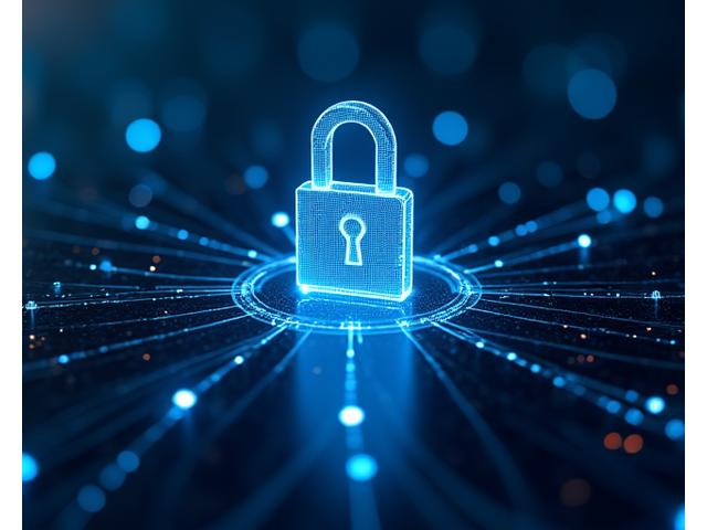 A glowing digital lock icon over a complex network of data lines, symbolizing robust security.