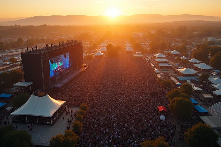 A drone's perspective overlooking a large, bustling music festival with multiple stages, showing organized crowds and infrastructure.