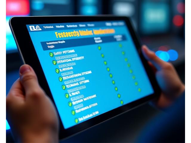 Digital tablet displaying a detailed festival production quality assessment checklist with various categories and checkmarks.