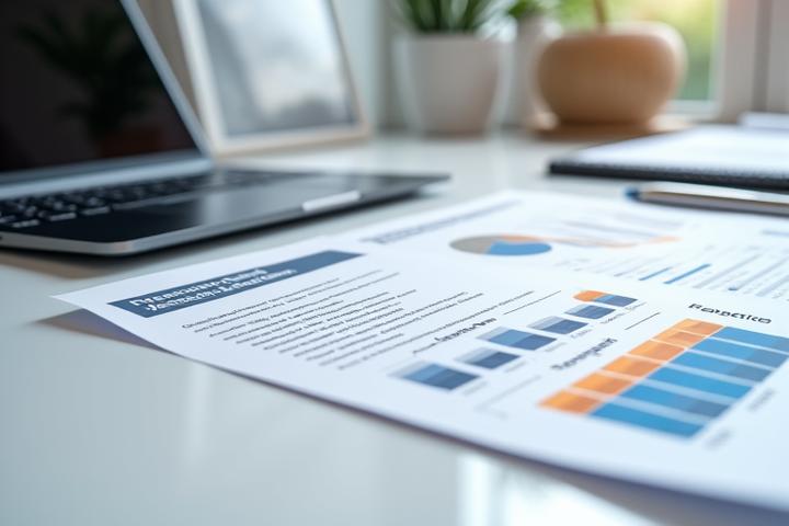 A sample festival production assessment report open on a minimalist desk, highlighting key findings and recommendations.