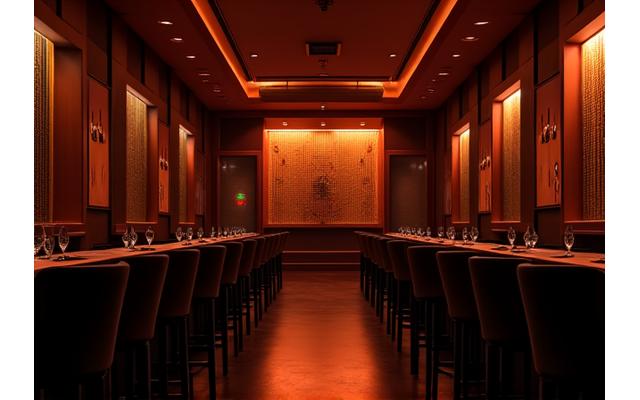Interior shot of a boutique music venue with newly installed, aesthetically pleasing, and high-performance speakers.