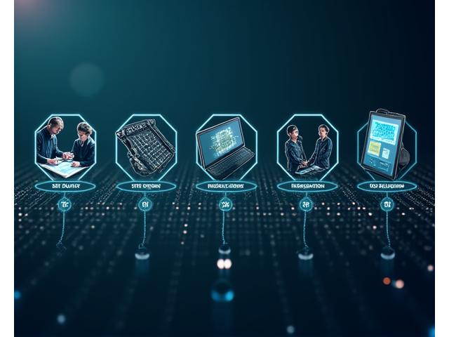 A visual timeline depicting phases of sound system installation: site survey, design, setup, calibration, and support, with professional technicians at each stage.