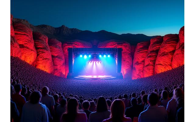Panorama of a seamlessly integrated large-scale speaker system at the Red Rocks Amphitheatre during a live concert.