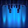 Illustration of a custom speaker array configuration suspended above a stage, showing precise angles and coverage zones.