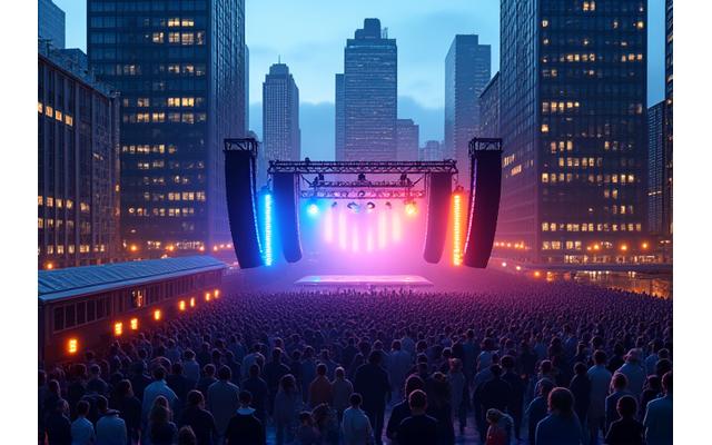 Aerial view of an urban music festival showcasing discrete yet powerful speaker towers integrated into the city landscape.