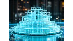 3D rendered image of a futuristic festival stage design with complex light patterns