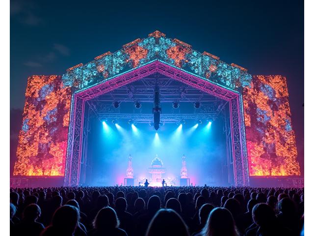 Custom stage architecture with intricate geometric patterns under vibrant lights