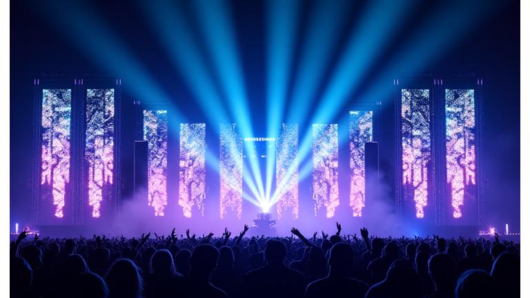 Dynamic LED lighting arrays illuminating a festival stage with vibrant colors and complex patterns