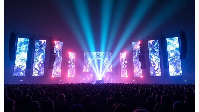 Vast festival main stage illuminated in electric blues and purples during a concert, displaying Pendulum Pulse's design prowess.
