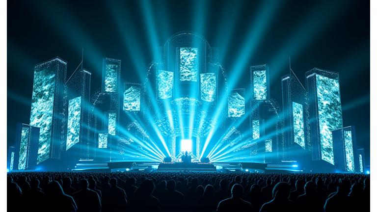 Intimate, multi-tier stage design for the Zenith Electronic Arts festival, featuring intricate laser patterns and subtle fog effects.