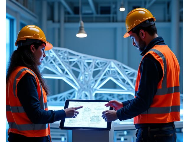 Engineers reviewing stage blueprints and structural integrity with safety helmets