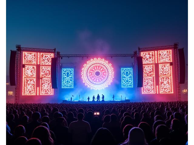 Festival branding integrated into a stage design with themed projections and stylized elements