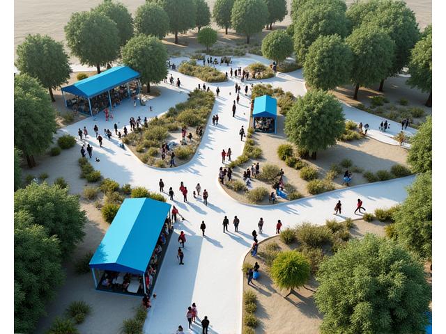 An aerial view of a meticulously planned festival site, showcasing innovative water refill stations, sparse vehicle traffic, and native plant landscaping as part of a comprehensive conservation effort.