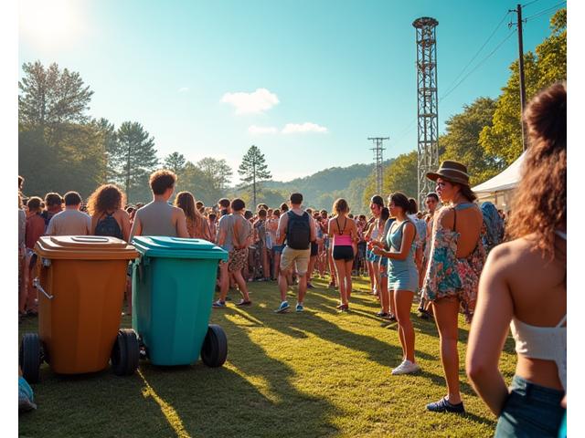 A vibrant festival crowd enjoying music under a clear sky, with clear visibility of recycling stations and minimal waste on the ground, showcasing a successful zero-waste initiative.