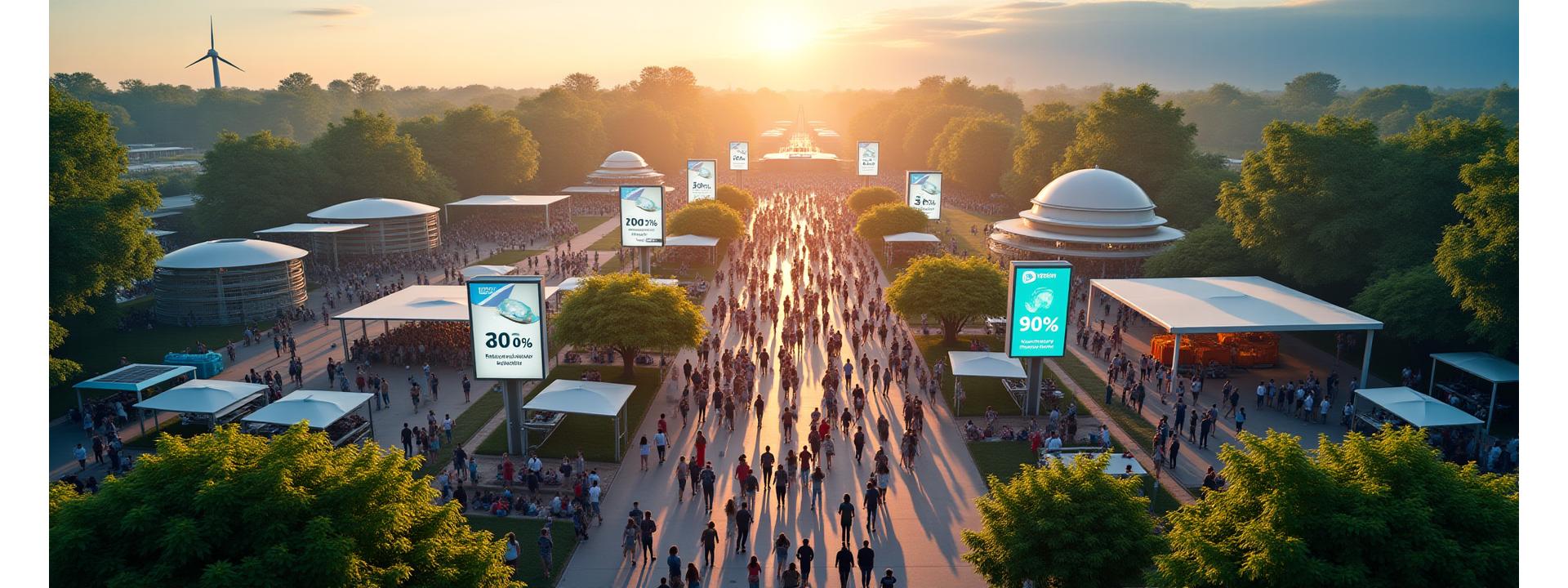 Overhead view of a vibrant, eco-conscious music festival, powered by solar panels and wind turbines, with attendees actively recycling and a lush green landscape. Digital overlays show real-time environmental impact data: '85% Carbon Reduction', '90% Waste Diversion', '70% Renewable Energy'.