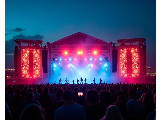 A festival stage bathed in dynamic, energy-efficient LED lighting, showcasing vibrant colors and intricate patterns without excessive heat or power consumption.