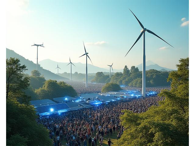 A large music festival scene with visible solar panels and elegant wind turbines integrated seamlessly into the landscape, powering stage lighting and sound systems.