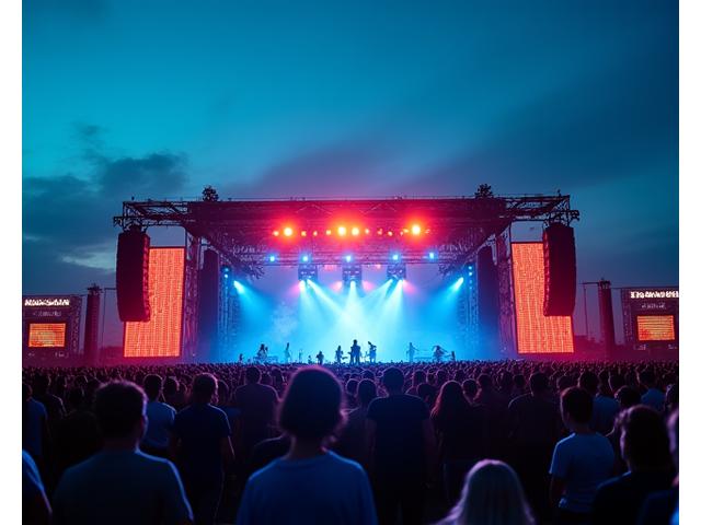 A dynamic shot of a festival stage powered by a visible array of solar panels, with attendees looking up in awe at the energy-efficient lighting display at dusk.