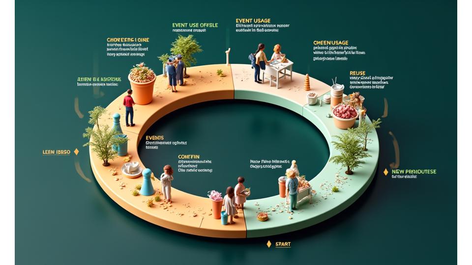 A detailed infographic illustrating a circular economy model for a festival, showing materials flowing from sourcing to usage, collection, recycling, composting, and reuse, minimizing landfill waste.