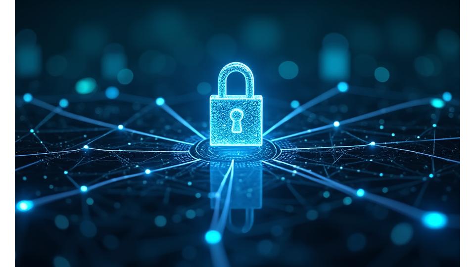Complex network of glowing lines and nodes representing digital security, data protection, and intellectual property in a secure environment.