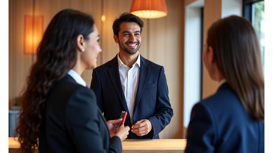 A professional concierge, dressed impeccably, assisting a VIP guest at a festival's exclusive entrance, with a warm, inviting smile.
