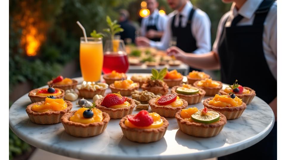 A beautifully arranged spread of gourmet appetizers and cocktails on a high-end serving table in a VIP area, with professional catering staff in the background.
