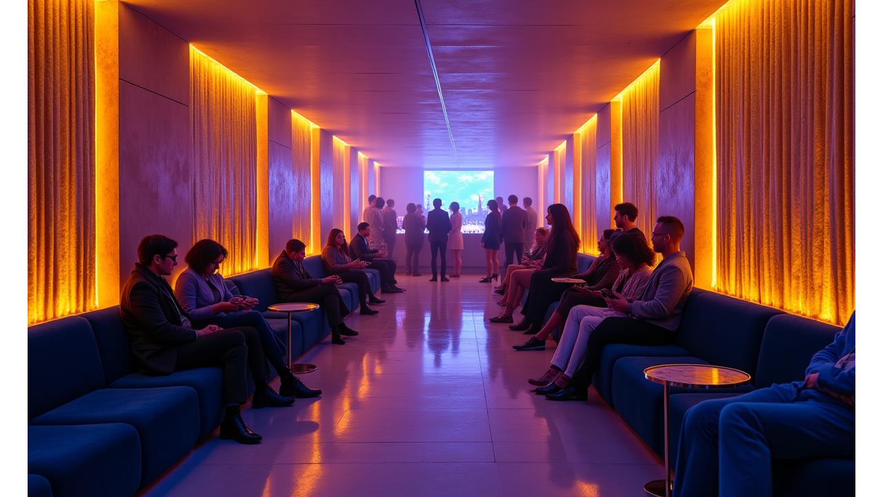Opulent VIP lounge at an outdoor music festival with modern design, comfortable seating, ambient lighting, and elegant decor.